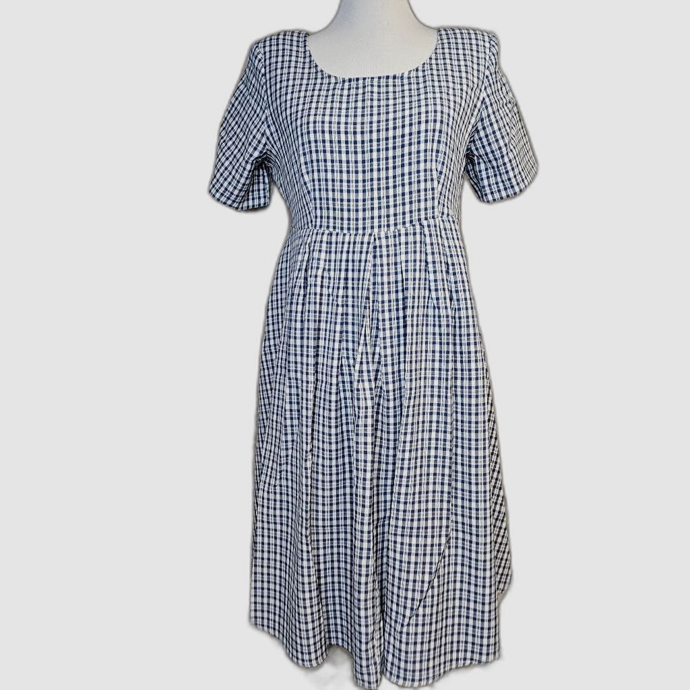 Great Times 80s Blue White Gingham Plaid Pleated Tie Back Cottagecore Midi Dress